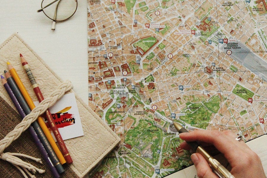 Eyeglasses resting on an open paper map